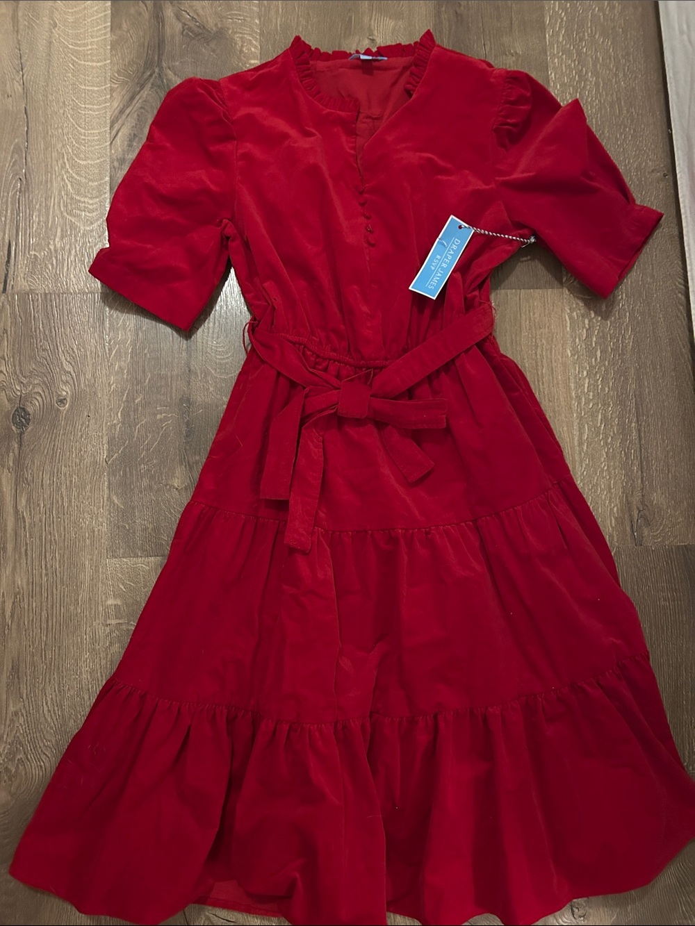 Draper James Red Velvet Tiered Belted Dress